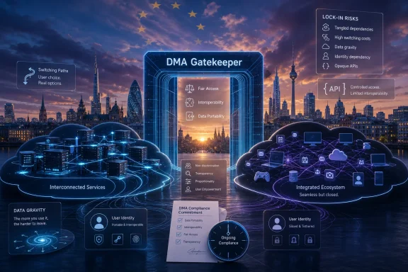 Futuristic city skyline backdrop with a “DMA Gatekeeper” interface highlighting lock-in risks and compliance.