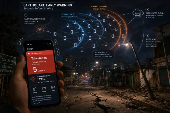 Hand holds a phone showing a “Earthquake Early Warning” alert over a damaged city street at night.