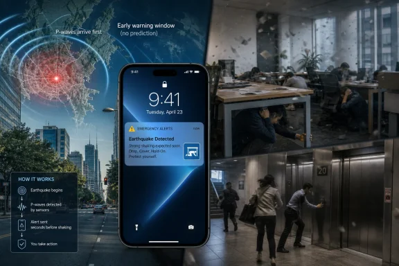 Smartphone shows a real-time earthquake emergency alert as office people rush through a building.