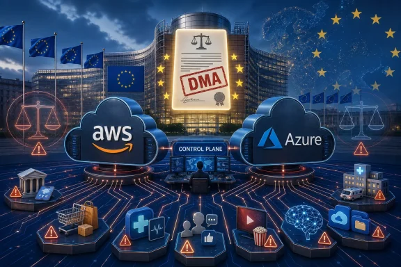 AI cloud control scene with AWS and Azure icons, EU flags, and a “DMA” compliance emblem over a city skyline.