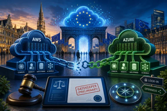 Futuristic EU cloud computing scene with AWS and Azure servers, security symbols, and a gated “Gatekeeper” document.