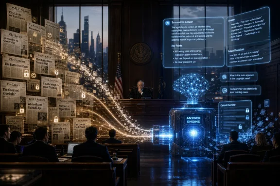 Gavel court scene with lawyers and an AI “answer engine” hologram discussing copyright in training.