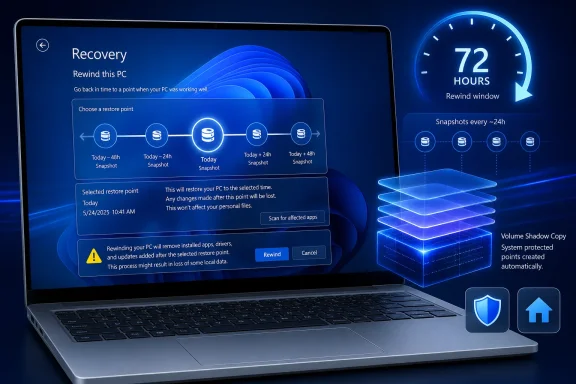 Laptop screen shows Windows “Recovery” rewind restore point for PC, with a 72-hours countdown timer.