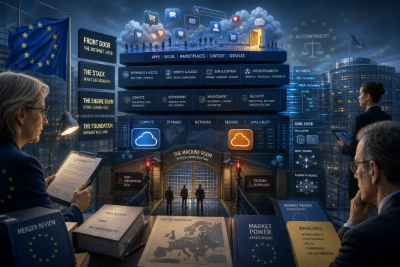 Illustration of EU officials assessing an AI/internet “stack” depicted on a futuristic digital infrastructure blueprint.