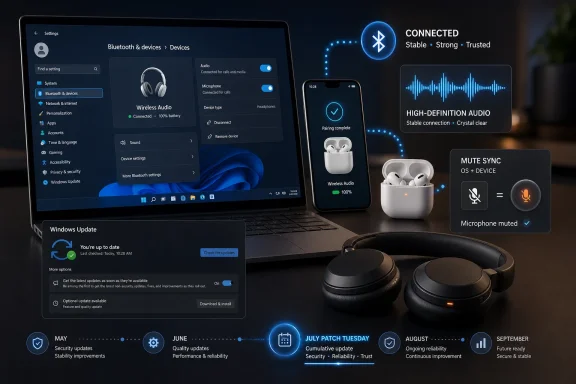 Tech visual showing connected Bluetooth wireless audio on a laptop, phone, and headphones with syncing and mute status.