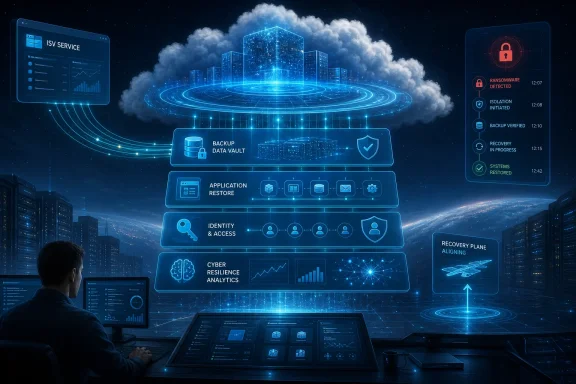 Cybersecurity command center with cloud data and holographic recovery steps after ransomware detection.