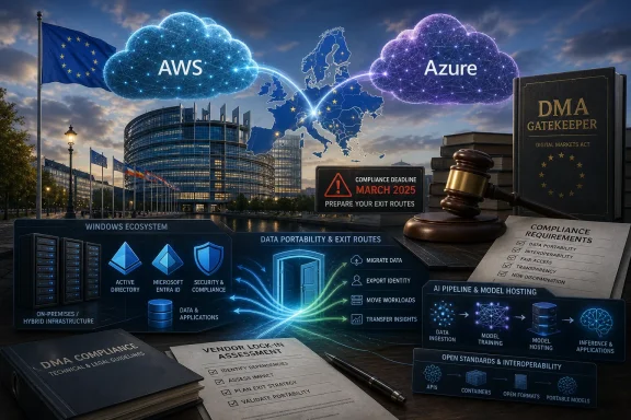 EU skyline with digital AWS/Azure clouds and legal DmA compliance deadline paperwork ahead of March 2025.