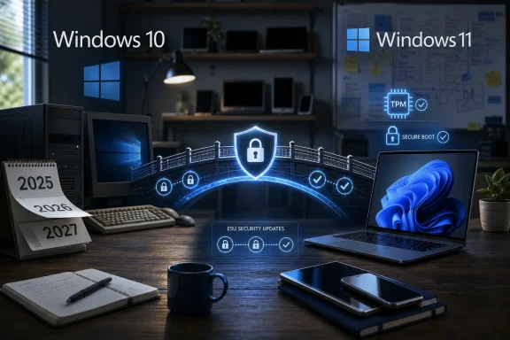 Office desktop scene with Windows 10/11 labels and a glowing security shield showing TPM and Secure Boot.