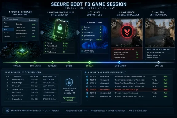 Infographic showing secure boot-to-game session flow with TPM, OS launch, and anti-cheat integrity checks.