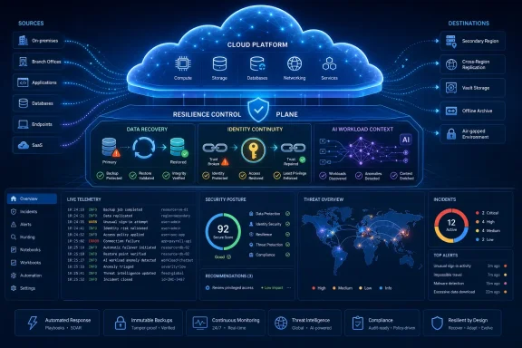 Blue cloud-platform dashboard showing resilience control, security posture, and live threat telemetry across regions.