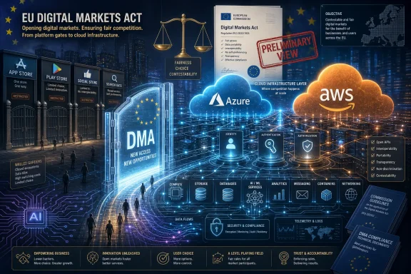 EU DMA “new access” digital markets poster with cloud services (Azure, AWS) and compliance documents.