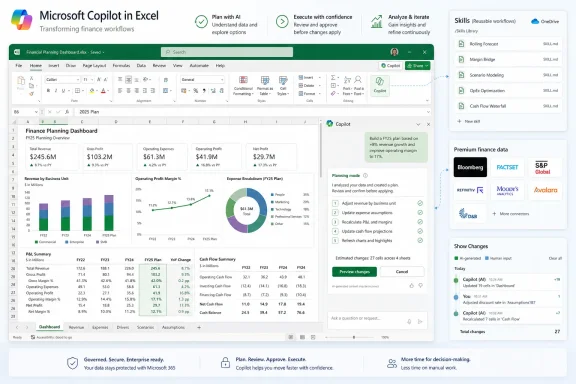 Microsoft Copilot interface in Excel showing a finance planning dashboard with AI-generated plan changes.