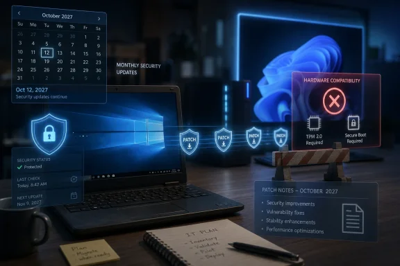 Laptop shows security dashboard and patch notes for October 2027 with hardware compatibility warnings.