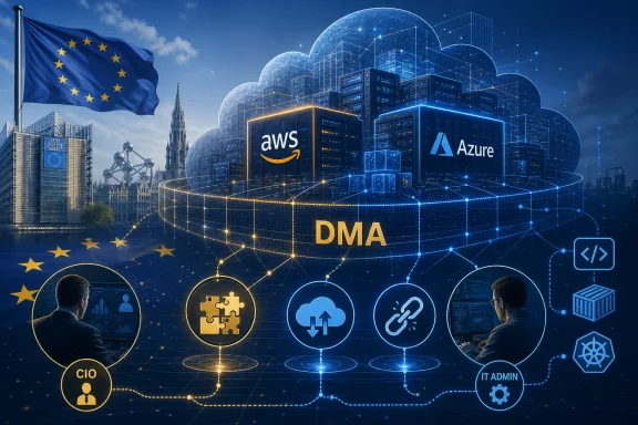 EU flag and a digital cloud network illustration linking AWS, Azure, and DMA across city data centers.