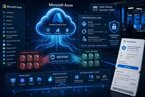 Microsoft Azure dashboard graphic showing cyber resilience, ransomware defense, and automated restore capabilities.