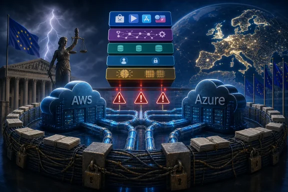 Cloud servers labeled AWS and Azure with warning icons amid EU flags and a stormy, futuristic data center scene.