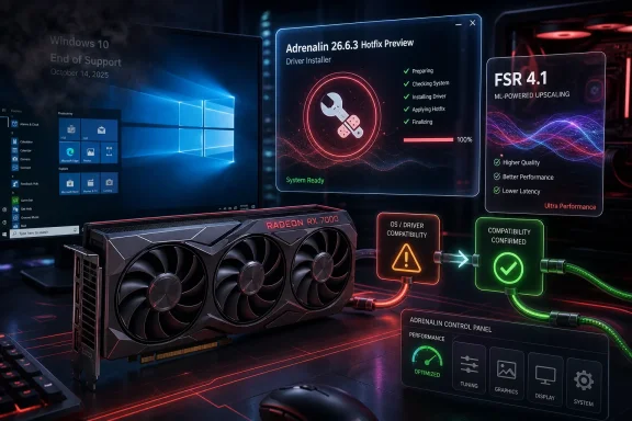 Gaming PC setup showing Radeon RX 7000 and Adrenalin 26.6.3 Hotfix Preview installation with FSR 4.1 upscaling.