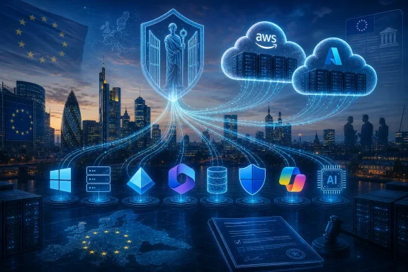 Futuristic EU cityscape with cloud and AI icons, cybersecurity shields, and data-network lines at dusk.