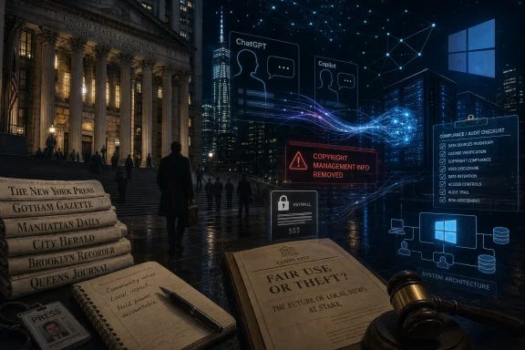 News papers and a gavel in front of a courthouse with ChatGPT, compliance checklists, and copyright removal alerts.