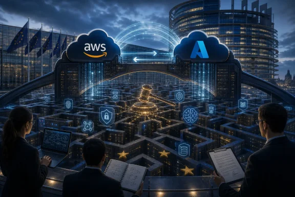 Engineers in a futuristic control room oversee an AWS cloud and AI hologram over a city skyline.