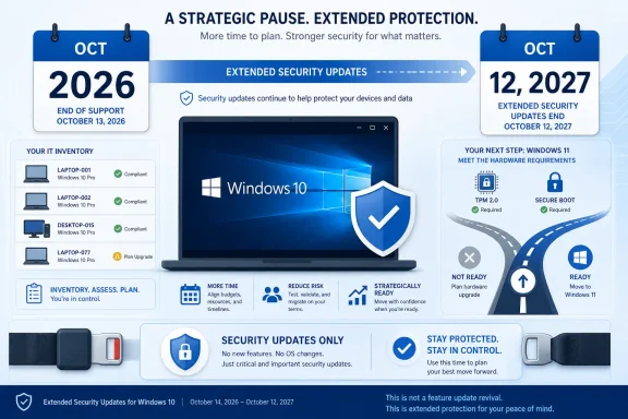 Infographic showing Windows 10 extended security updates from Oct 2026 to Oct 2027 with upgrade readiness tips.