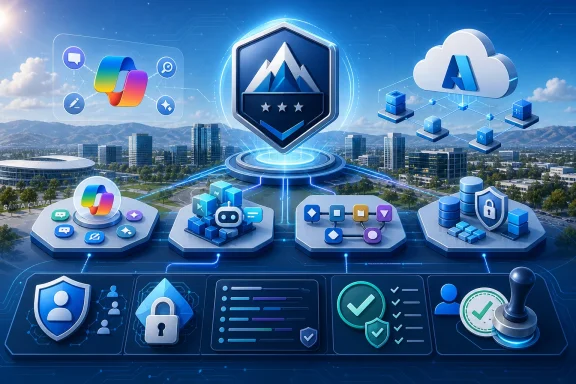 Cloud security tech scene with a badge, lock icons, and verified shields over a smart city skyline.