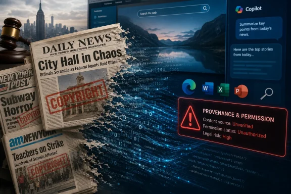 Newspaper headlines and digital warning panel highlight unverified web news, copyright, and provenance risks.