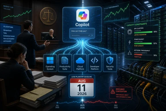 Business meeting with Copilot AI interface over servers and stock/performance charts.