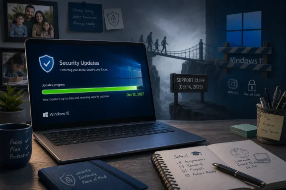 Laptop screen shows Windows security updates with a shield icon, on a desk near school notes and pens.