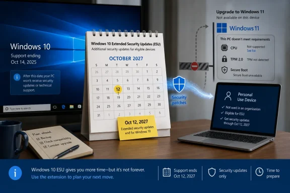 Office desk shows Windows 10 support ending notice and Windows 11 upgrade requirements display.