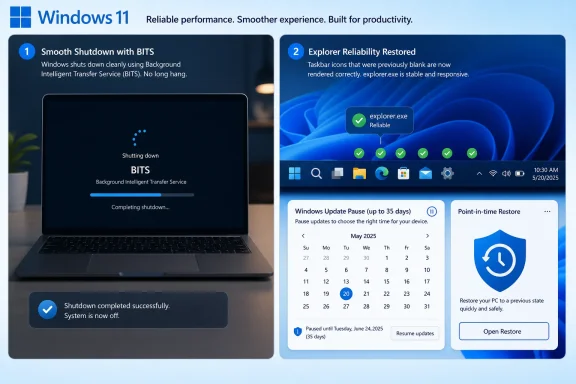 Windows 11 promo graphic showing smooth shutdown, restored Explorer reliability, and update/restore features.