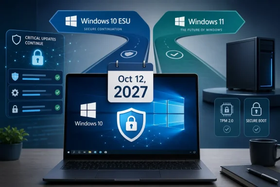 Futuristic Windows security poster showing Oct 12, 2027 with Windows 10 ESU and Windows 11 upgrade paths.