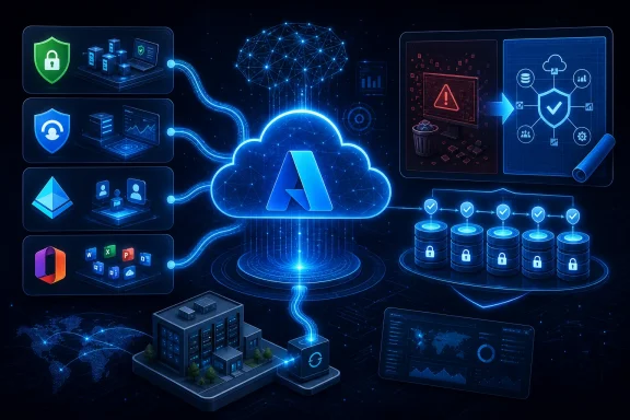 Cloud security concept with an illuminated AI “A” shield, encrypted server icons, and blockchain-like data flow.