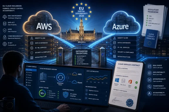A person reviews an EU digital sovereignty dashboard comparing AWS and Azure with regulatory compliance documents.