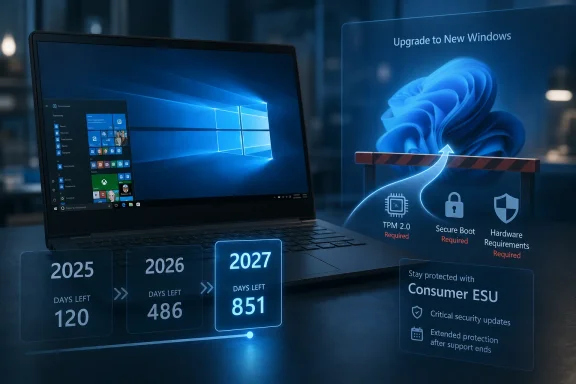 Laptop with Windows upgrade prompt and “2025–2027” countdown tiles showing security requirements.