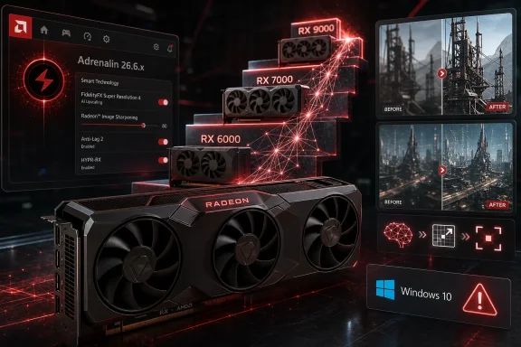 Radeon RX gaming GPU promo showing performance upgrades, benchmarks, and before/after graphics improvements.