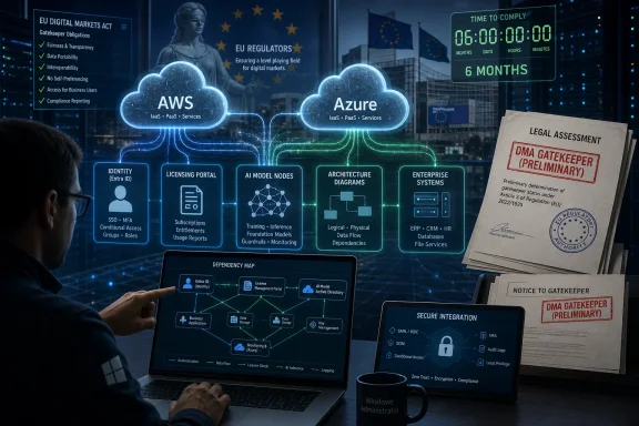 EU digital compliance countdown overlay over cloud infrastructure diagrams (AWS/Azure) and legal assessment papers.