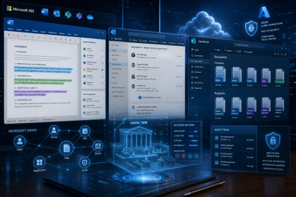 Futuristic dashboard shows legal document workflow and cloud security across Microsoft 365, SharePoint, and Azure.