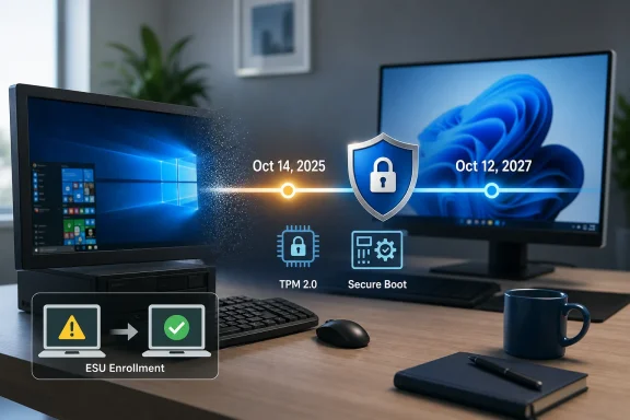 Dual-monitor office setup with security icons showing TPM 2.0, Secure Boot, and ESU enrollment dates.
