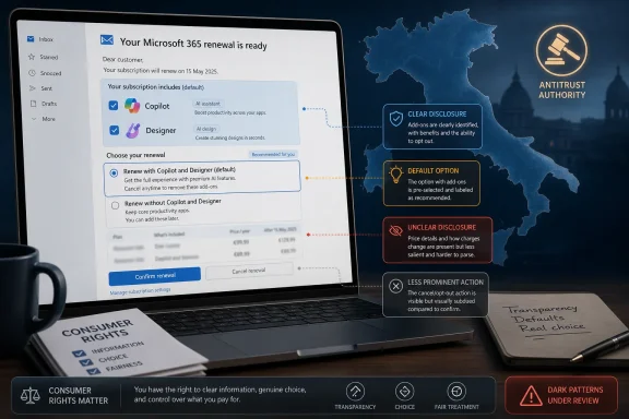 Laptop screen shows Microsoft 365 renewal options amid “antitrust” and “dark patterns” transparency warnings.