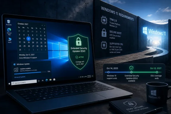Windows 11 security requirements and ESU coverage shown on a laptop, with an end-of-support timeline for Windows 10.