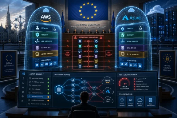Futuristic EU digital compliance dashboard comparing AWS and Azure identity, security, and lock-in risks.