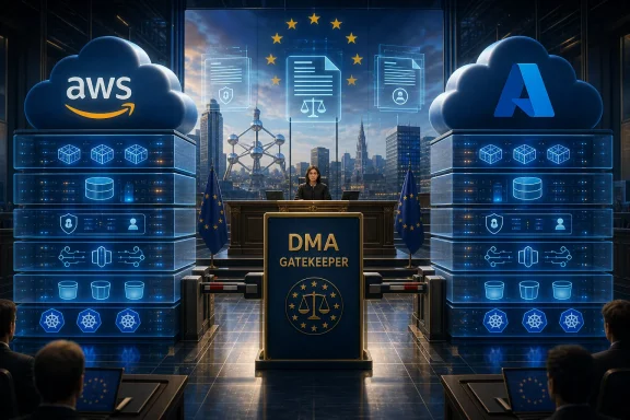 Tech courtroom scene with EU symbols, cloud servers labeled AWS and Azure, and a “DMA Gatekeeper” lectern.