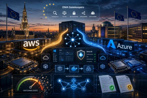 Futuristic EU data-security scene over a city skyline, featuring AWS, Azure, and “DMA Gatekeepers” interface.