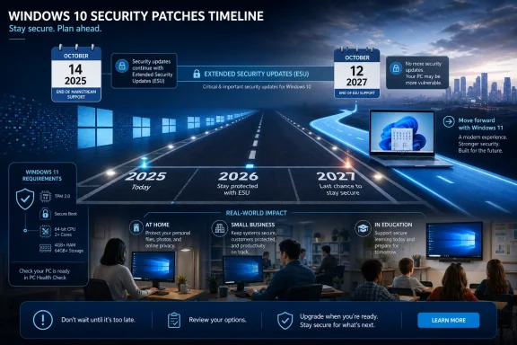 Promotional timeline graphic for Windows 10 security patches, urging upgrades and ESU support through 2027.