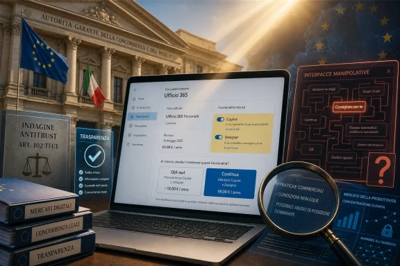 Laptop screen shows Ufficio 365 subscription options beside EU antitrust transparency visuals and data interface.