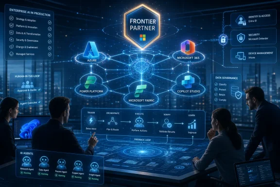 Team works in a futuristic data center as Microsoft cloud tools power an AI workflow labeled “Frontier Partner.”