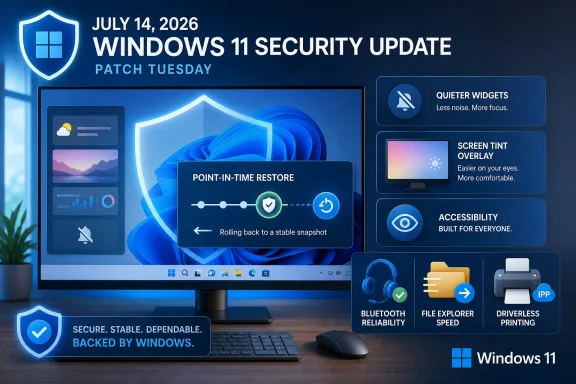 Windows 11 Security Update graphic with shield, patch Tuesday date, and restore/accessibility features.