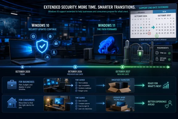 Microsoft Windows 10 to 11 security update timeline poster showing extended end dates and upgrade readiness.