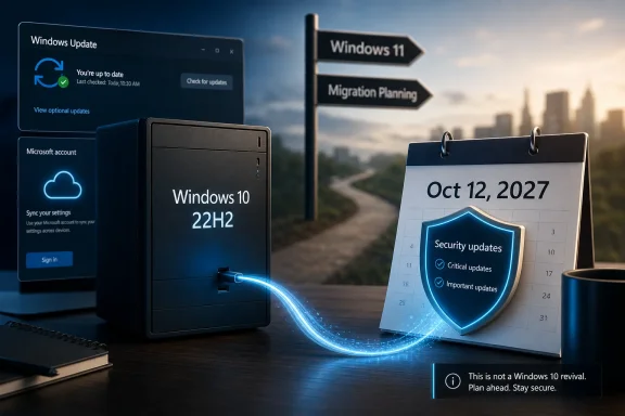 Futuristic desktop scene showing Windows 10/11 migration, security updates, and a dated calendar reminder.